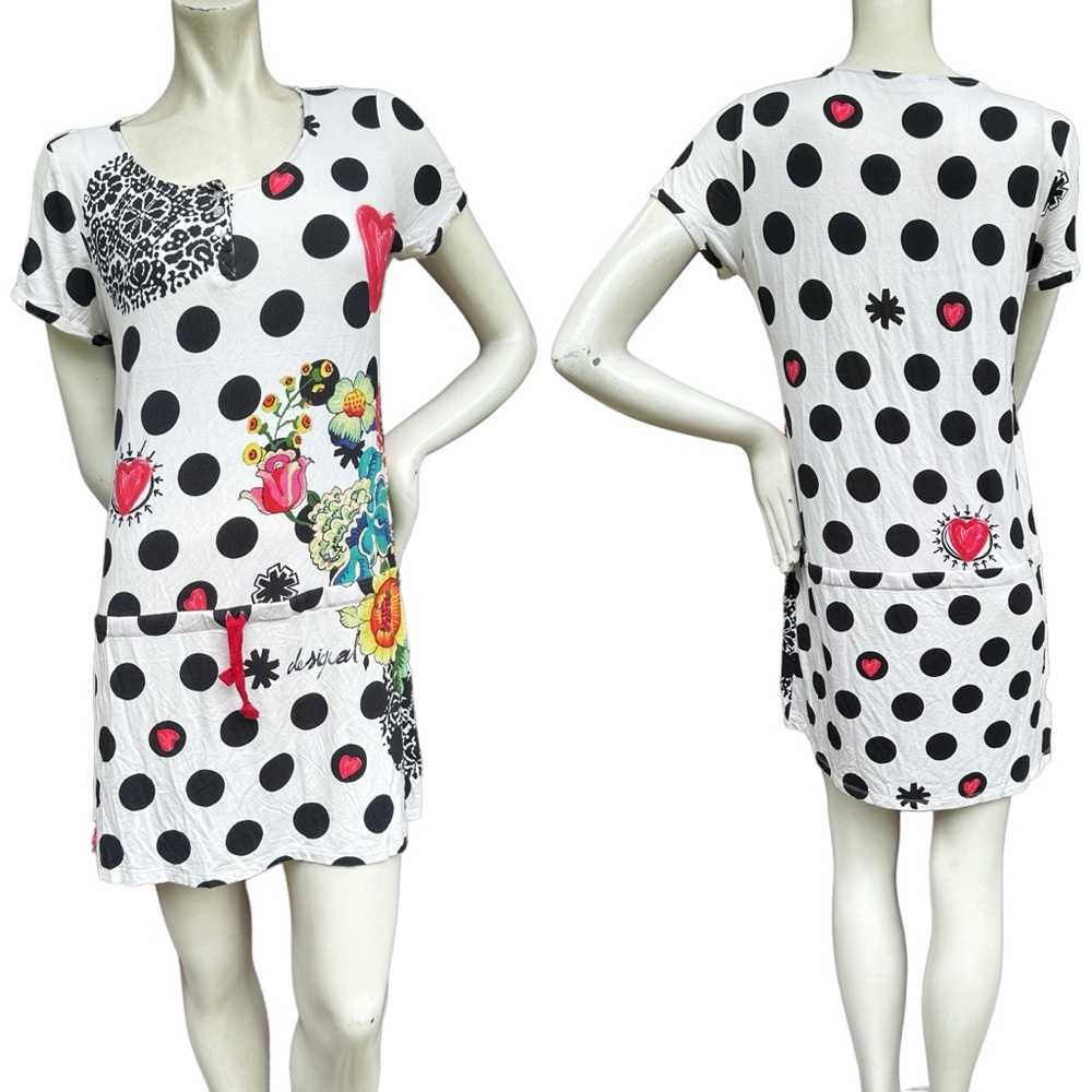 Desigual Livingwear Black & White Polka Dot Print Short Sleeve Mini Dress L/XL